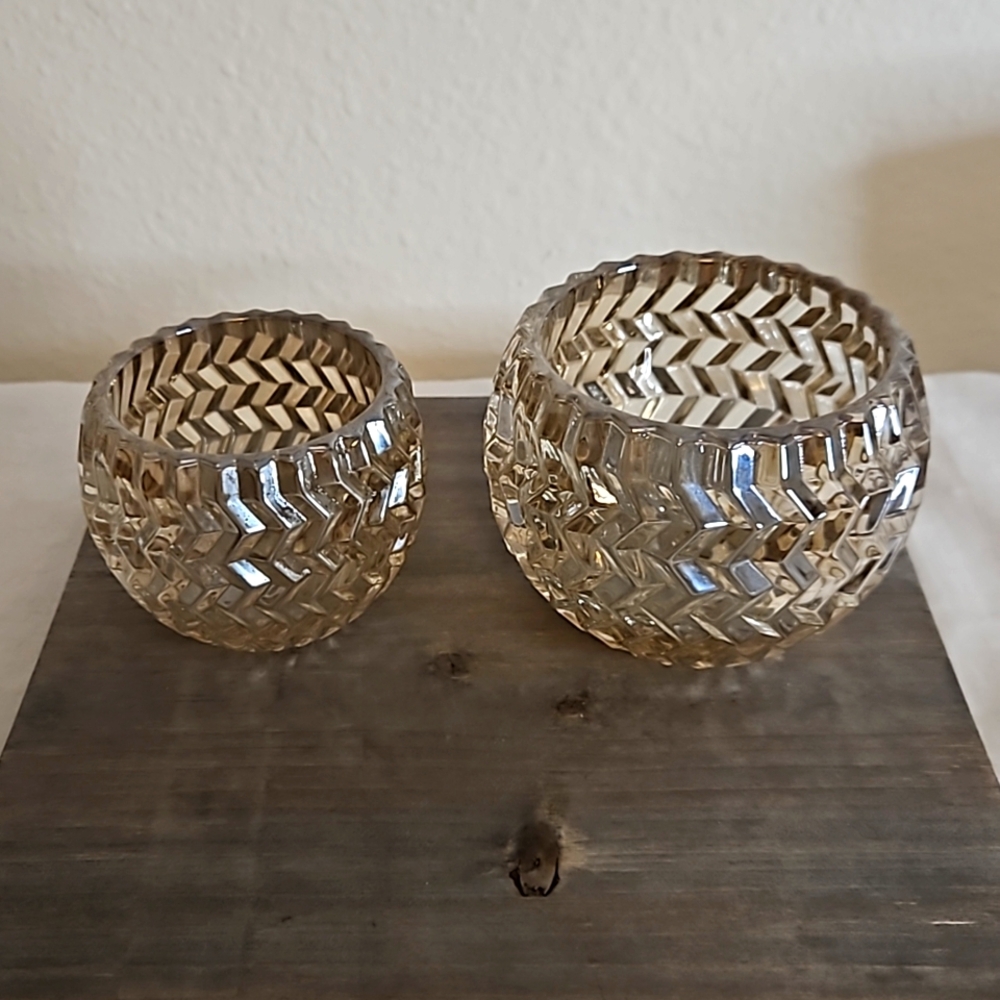 Set of 2 Amber Refined Glass Candlestick Holders.